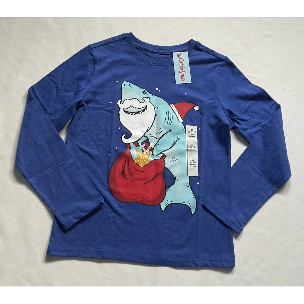Cat & Jack  Blue Long Sleeve Tee With Shark Graphic Holiday Size‎ M 8/10
